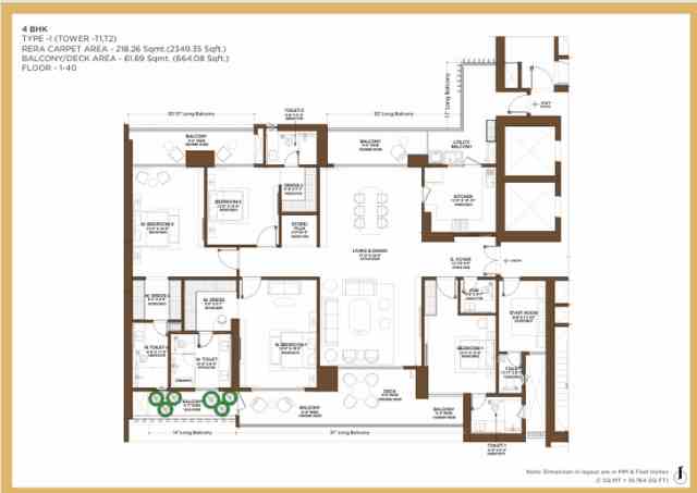 Floor plan of Type 1 in Birla Arika, spanning 4300 sq.ft, featuring spacious living areas, 4 bedrooms, balconies, a kitchen with a utility balcony, staff room, bathrooms, and separate entry foyers.