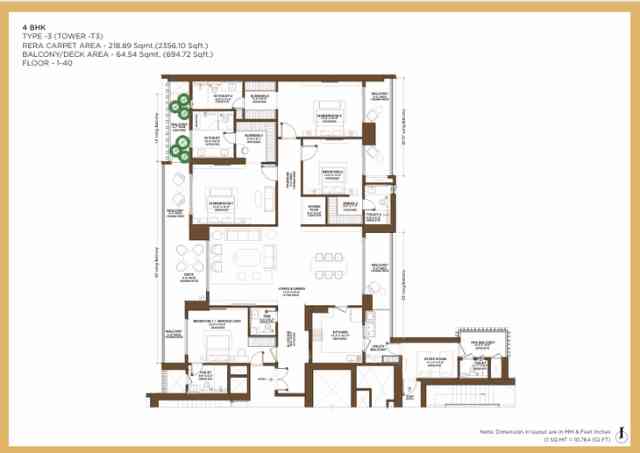 Floor plan of a 4 BHK apartment with a size of 4300 sq.ft in Type 2 of Birla Arika, showcasing spacious living areas, 4 bedrooms, balconies, a kitchen with a utility balcony, a service unit, staff room, bathrooms, and separate entry foyers.