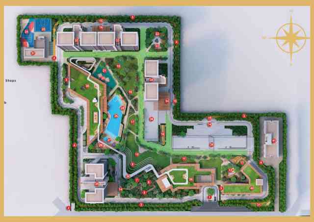 Master Layout Plan of Birla Arika showcasing various amenities including residential towers, recreational areas like sports courts, swimming pool, kids playground, outdoor gym, nature walk, meditation decks, social clubs, fitness club, and more.